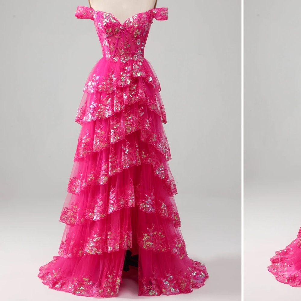 Princess A Line Off the Shoulder Pink Fuchsia Long Prom Dress with Tiered Lace